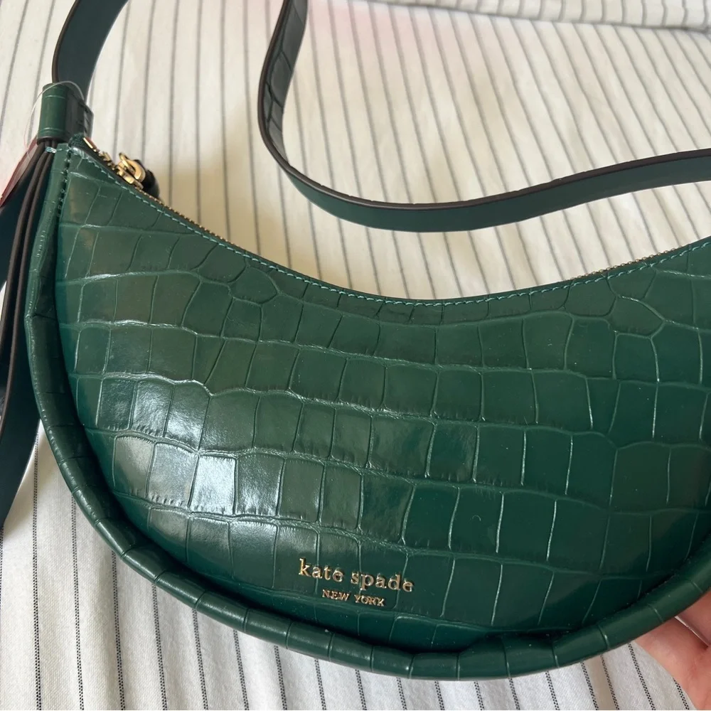 kate spade Dark Green Croc-Embossed Crescent Shoulder  bag NWT